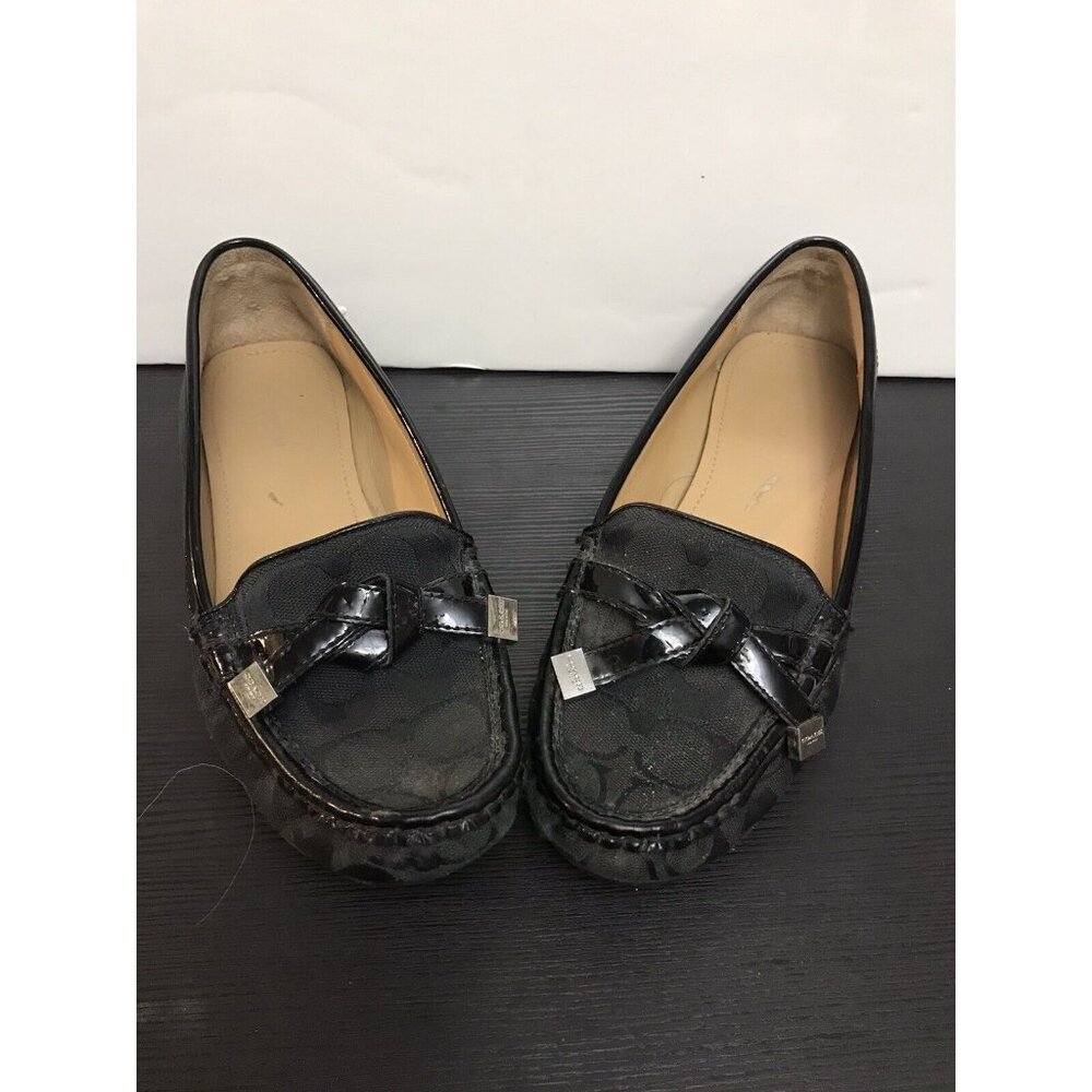 EUC Classic COACH Frida Black Signature Print Logo W/ Bow Loafers Sz 9B